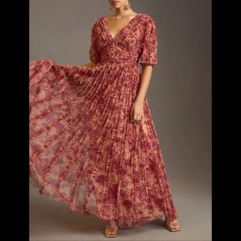 $798 NWT Anthropologie Mac Duggal Size 4 Red Floral Ruffle Long Maxi Dress Gown - Picture 5 of 12